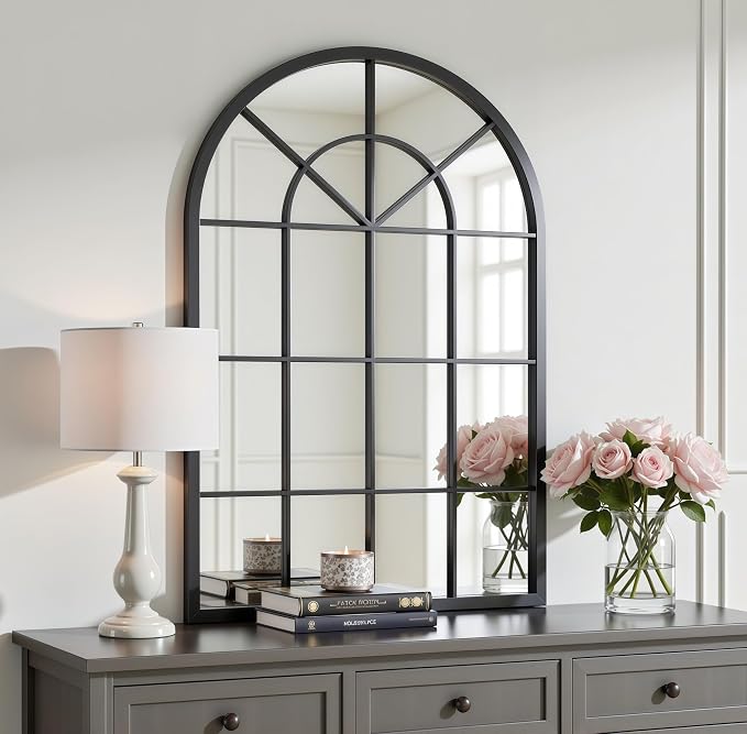 Arch Wall Mirror Mounted Decorative, 30"x42", Arched Window Pane Mirror for Wall-Mounted for Entryway, Bathroom Vanity, Living Room or Bedroom, Iron Frame, Black