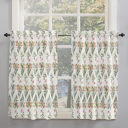 Kitchen Tier Curtains 45 inches Length, Vintage Flower Colorful Floral and Green Leaves Window Curtains for Living Room Bath,Rod Pocket Light Filter Drapes Short Half Window Treatment Tiers 2 Panels