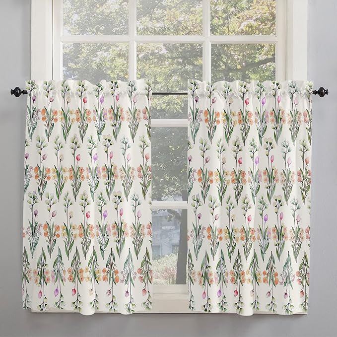 Kitchen Tier Curtains 54 inches Long, Vintage Flower Colorful Floral and Green Leaves Window Curtains for Living Room Bath,Rod Pocket Light Filtering Drapes Short Half Window Treatment Tiers 2 Panels