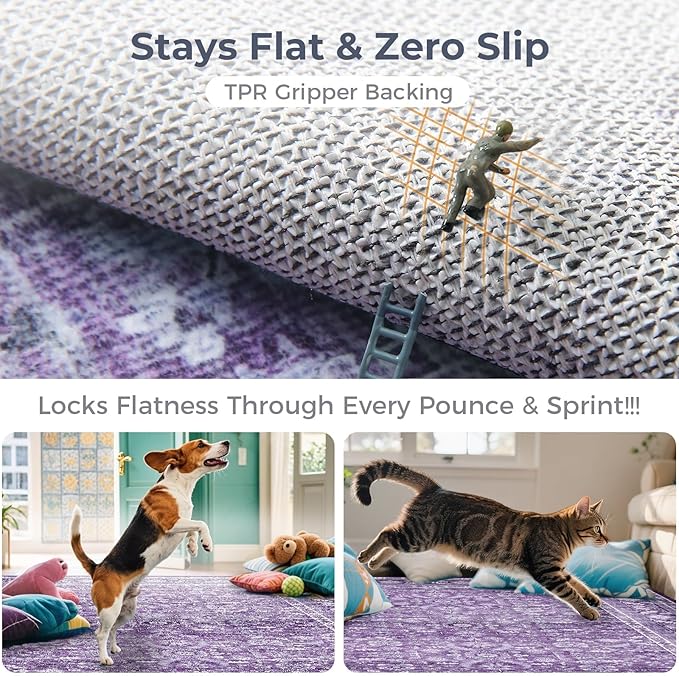 OPPODREAM Vintage Purple 3x6 Runner Rug, 3 x 6 Retro Washable Rug Non Slip, Low-Pile Faux Wool Carpet, Distressed Floor Mat for Kitchen, Hallway, Entry-Way, Entrance, Indoor Back Door