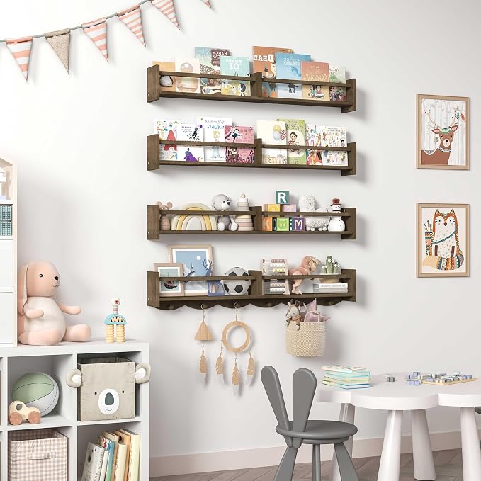 34Inch Nursery Bookshelves,Set of 4,Wall Floating Shelf Kids Coat Rack with 6Hooks,Hanging Book Shelf for Baby Nursery Room Décor (Dark Brown, 34)