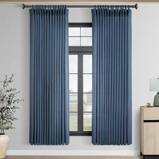 Pinch Pleated Navy Blue Curtains 72 inches Long 2 Panels for Living Room Textured Semi Sheer Pleat Linen Drapes 72 Inch Length with Hooks Navy Sliding Glass Door Light Filtering Curtain