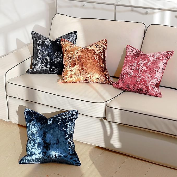 Velvet Pillow Cover Blue 18x18 Inch - Luxury Crushed Velvet Decorative Throw Pillow Case for Living Room Sofa Bed (1 Pack)