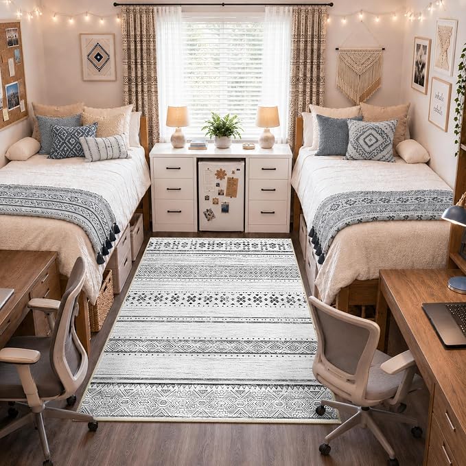 BESTSWEETIE 5x7 Area Rugs for Living Room Washable Moroccan Farmhouse Neutral Geometric Low Pile Non-Slip Soft Print Pattern Rug for Bedroom Kitchen Dining Room Entryway Grey/Black/Navy
