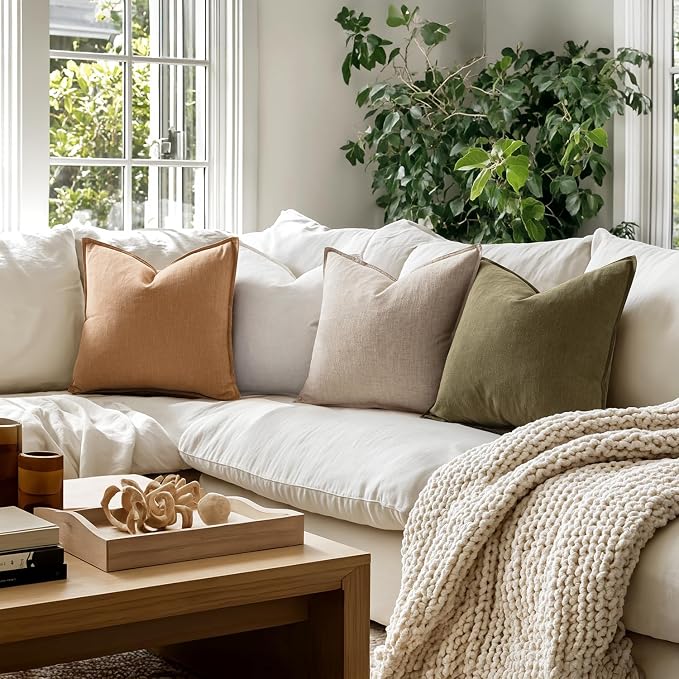 MIULEE Brown Boho Linen Decorative Pillow Covers 20x20 Inch Pack of 4 | Natural Throw Pillow Covers Soft Farmhouse Couch Pillowcases Modern Home Decors for Living Room Bed Sofa
