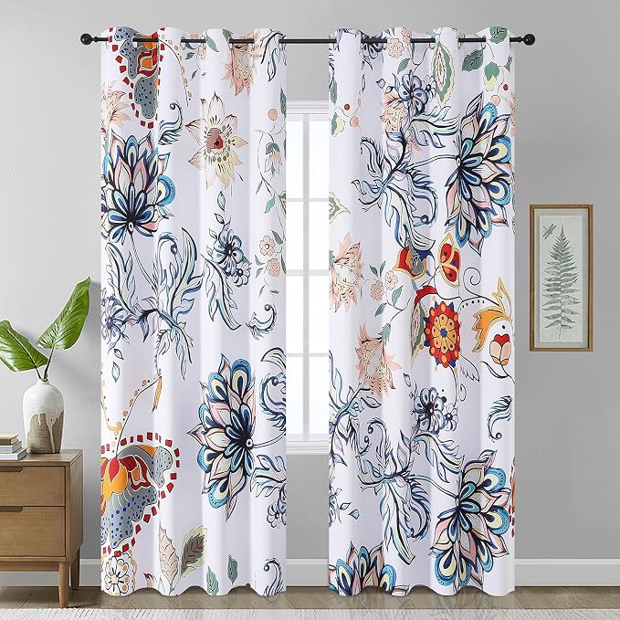 Estelar Textiler Boho Blue Floral Blackout Curtains for Living Room 90 inch Long 2 Panels,Thermal Insulated Room Darkening Window Drape with Grommet,Floral Print Pattern Decor Drapes,52Wx90L