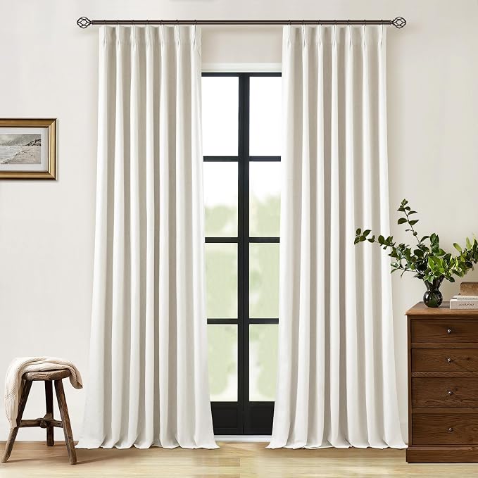 Natural Cream Pinch Pleated 100% Blackout Curtains 95 Inches Long Linen Room Darkening Window Curtains for Living Dining Room Bedroom Memory Shape Thermal Insulated Pinch Pleat Double Layer Drapes