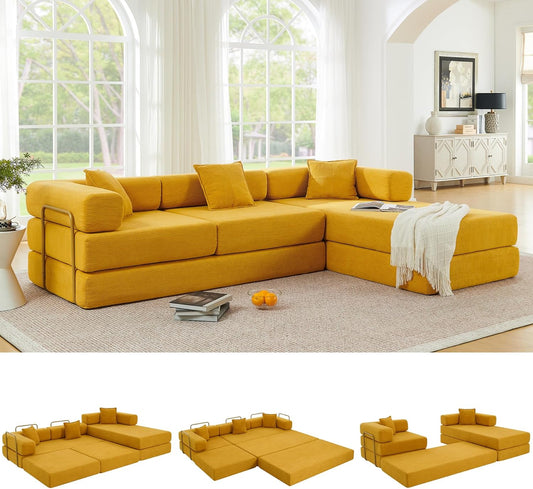108" Oversized Convertible Sleeper Sofa Bed, Corduroy L Shape Sectional Couch, Folding Sofa Bed with Side Pocket, Modern Cloud Floor Mattress Couch, Modular Sofa for Living Room, Yellow