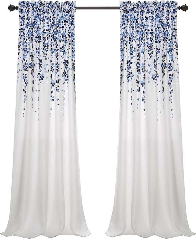 Lush Decor Weeping Flower Light Filtering Window Curtain Panels, Pair, 52"W x 95"L + 2" Header, Navy & Blue - Charming Modern Floral Curtains for Living Room, Dining Room, & Bedroom