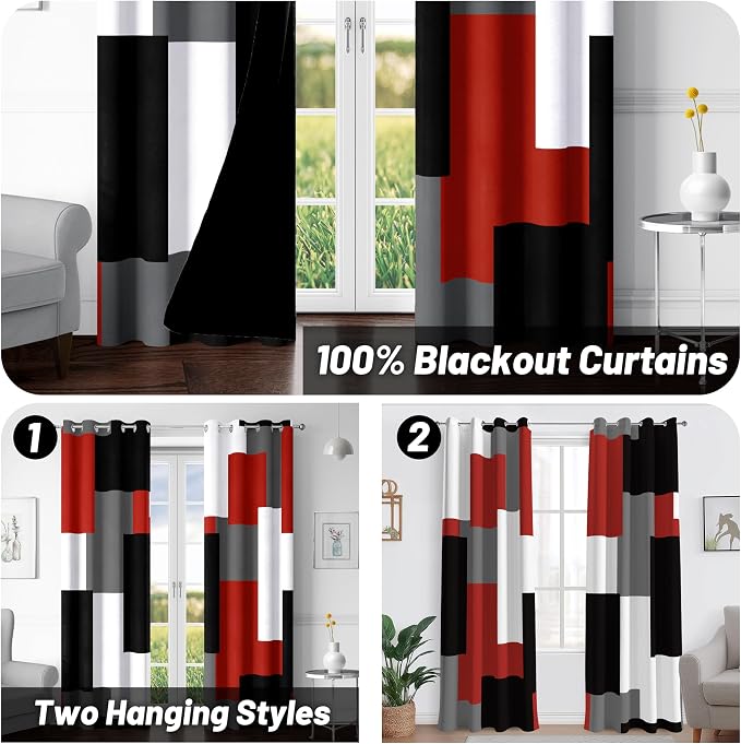 Tyrot Red Black 100% Blackout Curtains for Bedroom 108 inch Extra Long 2 Panels Set White Grey Modern Abstract Geometric Black Out Curtains Room Darkening Window Drapes for Living Room, 52Wx108L