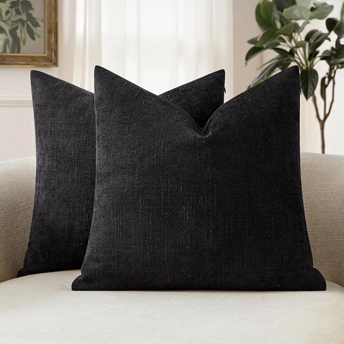 MIULEE Pack of 2 Decorative Throw Pillow Covers Soft Chenille Throw Pillows Solid Textured Euro Cushion Covers for Couch Sofa Bedroom Living Room 24x24 Inch, Black