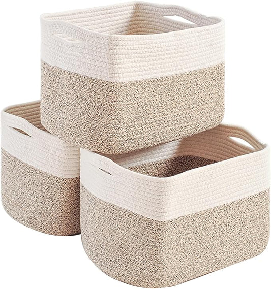 Storage Baskets for Organizing, Woven Storage Baskets for Shelves, Toy Storage Baskets for Kid's Room, Towel Baskets for Bathroom Nursery, 14.8"×11"×9.5", Pack of 3, Off White & Brown