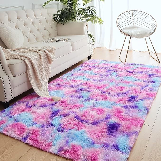 AROGAN Soft Rainbow Area Rugs for Girls Room 5x8 Feet, Fluffy Girls Bedroom Rugs, Princess Rug, Cute Colorful Carpet for Kids Teens Nursery Toddler, Hot Pink