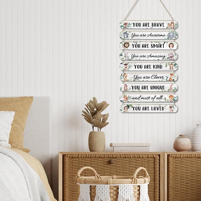 MONALET Woodland Safari Baby Animal Inspirational Wall Decor for Kids Room Classroom Playroom Nursery, You Are Loved Hanging Wooden Signs Decorations, Forest Jungle Wall Art Wood Plaque 9Pcs 12x19