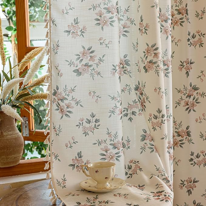 OYX Boho Floral Curtains 63 Inch, Pink Flower Farmhouse Drapes with Tassels, Linen Textured Light Filtering Semi Sheer Curtains for Living Room Bedroom, 2 Panels, Rod Pocket, 52Wx63L