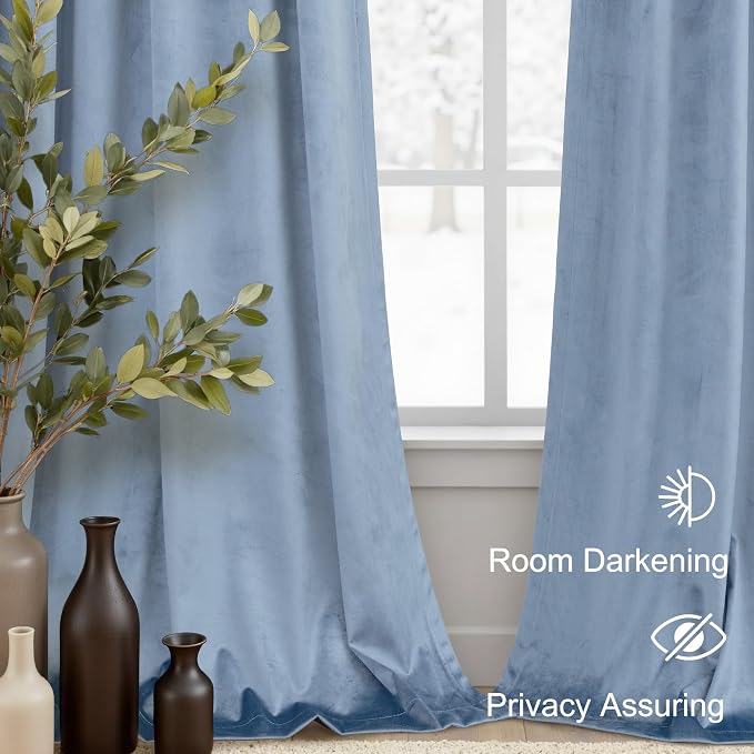 Dusty Blue Velvet Curtains 84 Inches Long 2 Panel Back Tab Rod Pocket Thermal Insulated Room Darkening Stone Light Blue Blackout Curtain for Living Room Bedroom Floor Length Slate Grey Blue Gray Drape