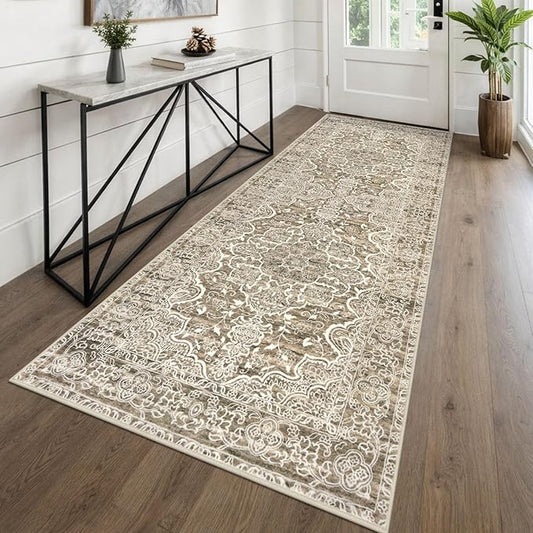 KUTA Washable Kitchen Runner 3x8, Non Skid Washable 8 ft Beige Brown Runners, Printed Vintage Distressed Floral Area Rugs Ultra Soft Carpet for Bedroom Living Room