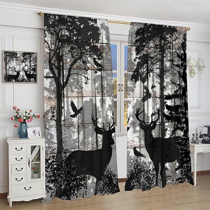 Rustic Deer Blackout Curtains for Kitchen Farmhouse Cabin Country Wild Animal Vintage Wooden Board Forest Printed Window Treatments for Farmhouse Bedroom Living Room 55x63in