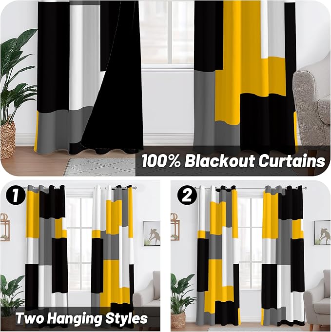Tyrot Yellow 100% Blackout Curtains for Bedroom 108 inch Extra Long 2 Panels Set Mustard Yellow Grey Modern Abstract Geometric Black Out Curtains Room Darkening Window Drapes for Living Room, 52Wx108L