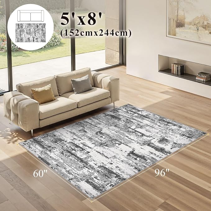Area Rugs 5x8 Living Room: Washable Large Abstract Modern Neutral Soft Rug Stain Resistant Non-Slip Backing Carpet for Bedroom Dining Room Indoor Nursery Dorm Home Office Decor - Black Grey
