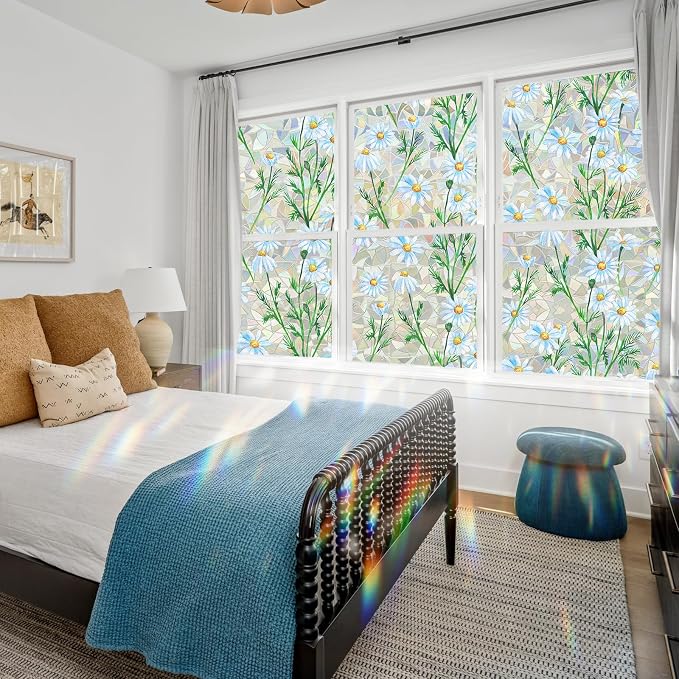 QHY Sunshine Privacy Window Film with Installation Tool Decorative Stained Glass Window Stickers Reusable Window Film (Leafy Daisy, 17.5 x 78.7)