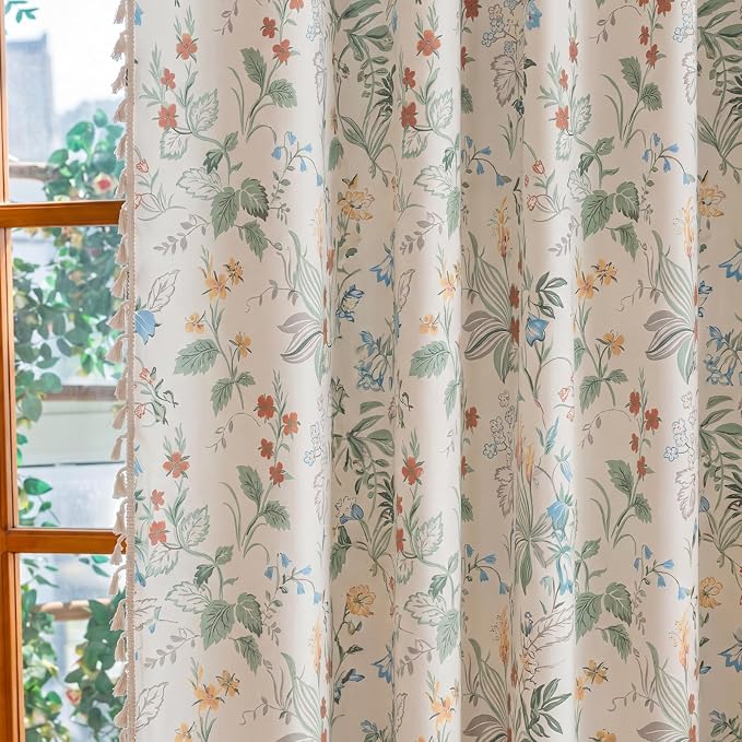 OYX Boho Floral Curtains 96 Inch, Linen Farmhouse Flower Drapes with Lace & Tassels, Light Filtering Semi Sheer Curtains for Living Room Bedroom, 2 Panels