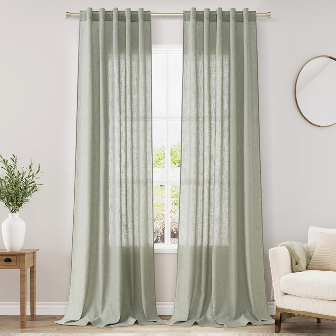 Sage Green Semi Sheer Curtains 108 Inches Long 2 Panels Set Back Tab Loop Pocket Linen Blend Boho Large Window Curtain Extra Long Light Filter Drapes High Ceiling Curtains for Living Room 40x108