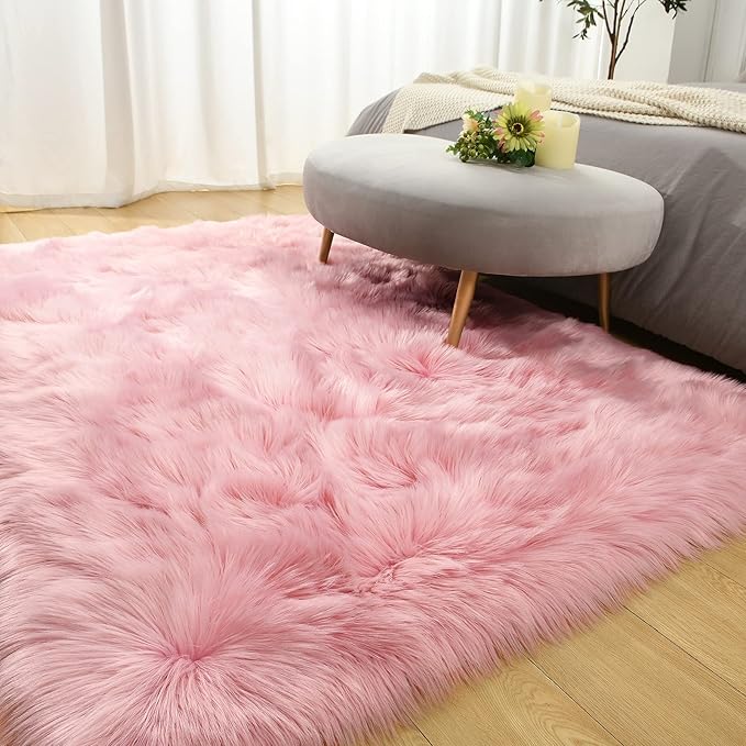LOCHAS Soft Fluffy Faux Fur Rugs for Bedroom Bedside Rug 3x5 Feet, Washable, Furry Sheepskin Area Rug for Living Room Girls Room, Luxury Shag Carpet Home Decor, Pink
