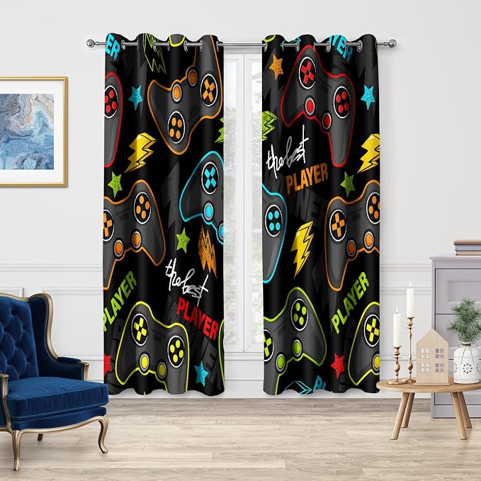 Jekeno Gamer Gamepad Blackout Curtains Colorful Gaming Gamers Controllers Print Drapes Decor Boys Kids Teens Bedroom Playroom Room Darkening Grommet Window Treatments 2 Panels Set,52x84 Inch
