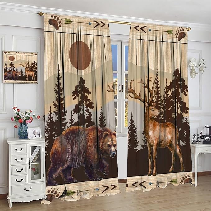 Bear Deer Blackout Curtains for Kitchen Vintage Country Hunting Cabin Wood Planks Forest Bear Footprints Deer Black Bear Bow and Arrow Wildlife Windows Treatments for Bedroom Living Room 72x63in