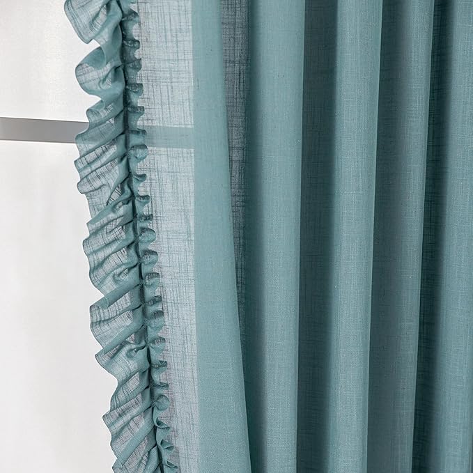 TERLYTEX Stone Blue Ruffle Curtains 84 Inches Long 2 Panels, 58 x 84 Inch, Linen Textured Flowy Window Curtains for Living Room Bedroom Rod Pocket Privacy Light Filtering Semi-Sheer Ruffled Curtain