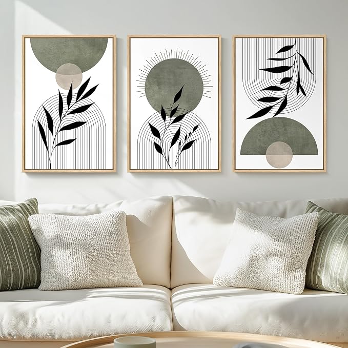 Framed Boho Sage Green Wall Art for Living Room, 3 Piece Large Abstract Botanical Canvas Artwork Decor, Beige White Sun Moon Geometric Leaf Painting Prints for Bedroom Dining Room Office 16x24 Inch