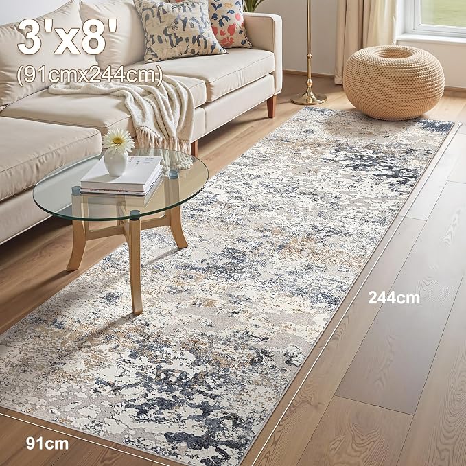 DMOYEST Washable Runner Rug for Hallway: 3x8 Neutral Modern Abstract Low Pile Area Rug with Non-Slip Backing - Carpet for Bedroom Kitchen Laundry Entryway Bathroom Indoor - Beige Blue