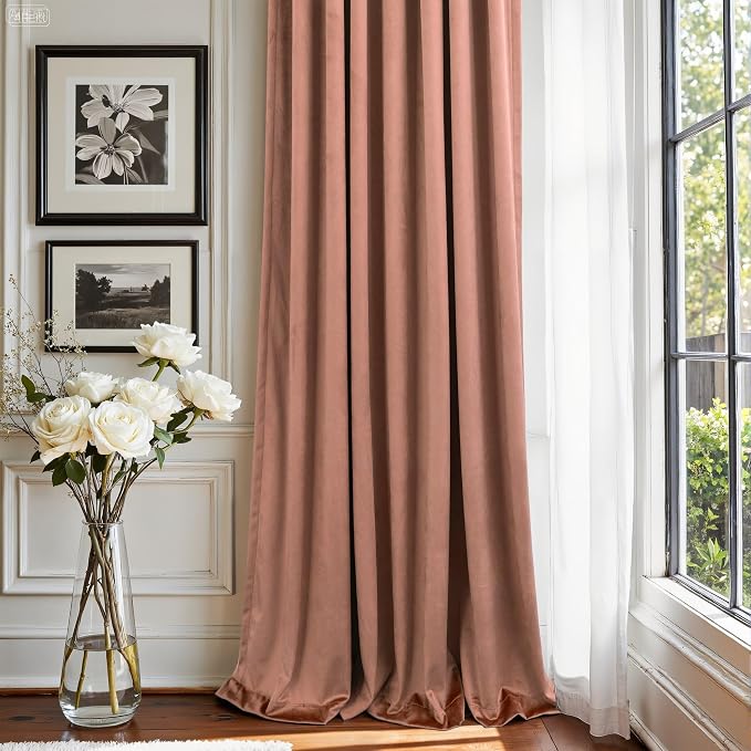 Pitalk 96 Inch Cinnamon Velvet Blackout Curtains Chic Modern Farmhouse Vintage Luxury Back Tab Pleated Thermal Insulated Light Blocking Velvet Drapes for Bedroom Living Room Wide 52x96 in Long 2 Panel