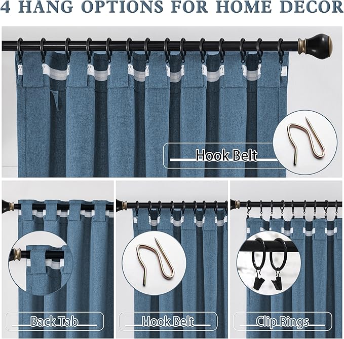 DUALIFE Blue Linen 100% Blackout Curtains 108 Inch Length 10FT Hall Curtains Back Tab Rod Pocket Drapes Thermal Insulated Textured Living Room Black Out Curtains 2 Panels Set 50x108