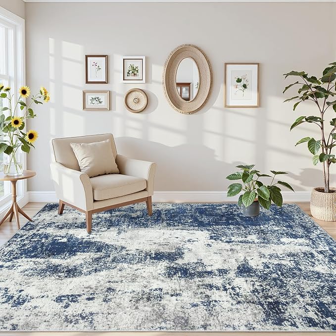 Area Rugs 6x9 Living Room: Large Soft Washable Rug Modern Abstract Anti-Skid Non-Shedding Carpet Indoor Floor Thin Carpets for Bedroom Dining Room Farmhouse Nursery Home Office Blue