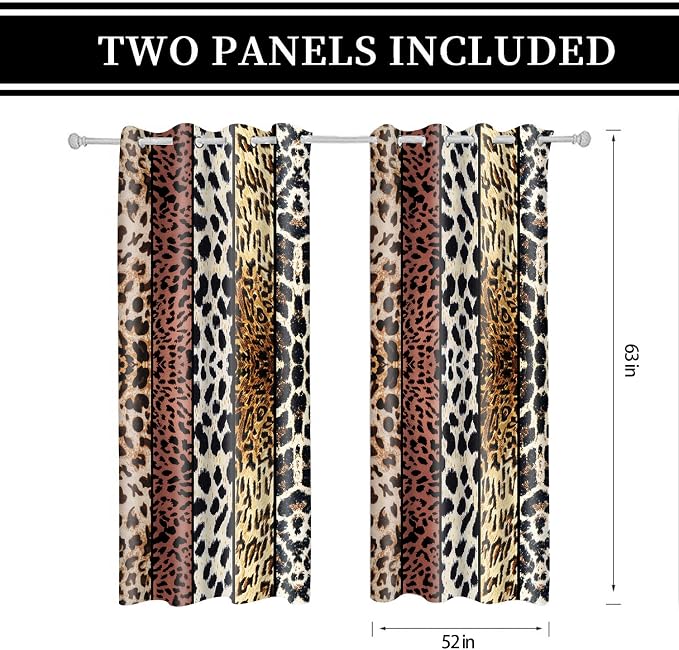 Wild Animal Print Curtain, Room Darkening Thermal Insulated Blackout Leopard Boa Window Drapes with Grommets for Living, Dining, Bedroom, Brown Leopard Print, 52"x 63", 2 Panels
