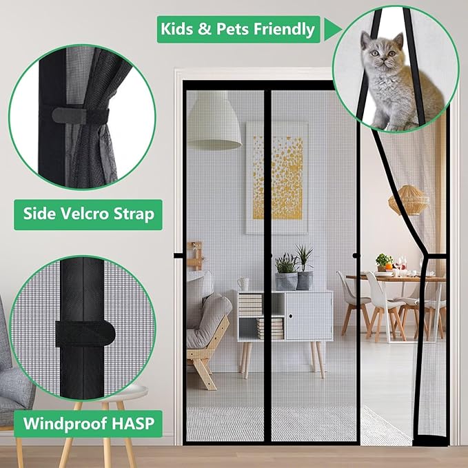 RELIANCER Fiberglass Magnetic Double Door Screen,Fit Doors Size 74"x80",Auto Close Screen Door Mesh w/Magnets,Patio Doorway Mosquito Net Screens,Self-Closing Doors Cover,Doorway Curtain Mesh Partition