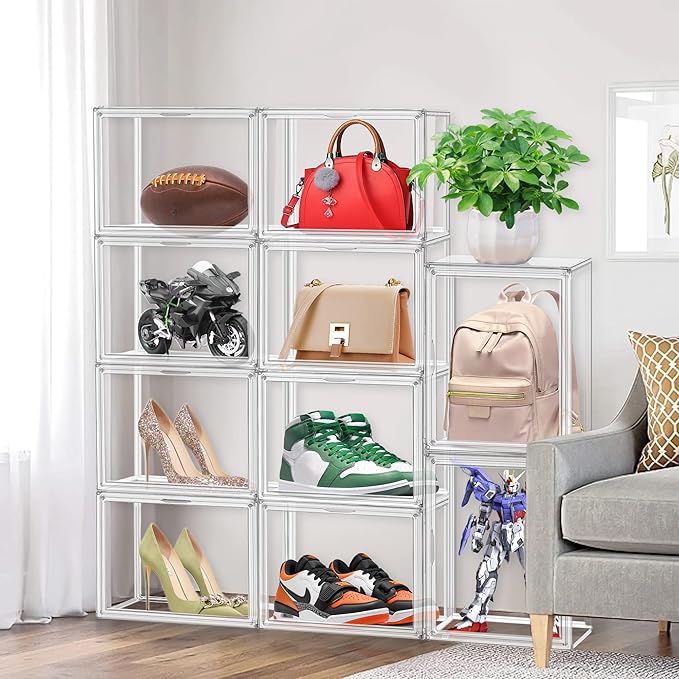 6 Pack Clear Shoe Boxes Sneaker Storage Organizer Box for Closet Stackable Handbag Organizer Acrylic Display Shoes Case with Lid Storage Box for Boots,Book,Collectibles,Figures,Shoes,Cosmetic,Size 14