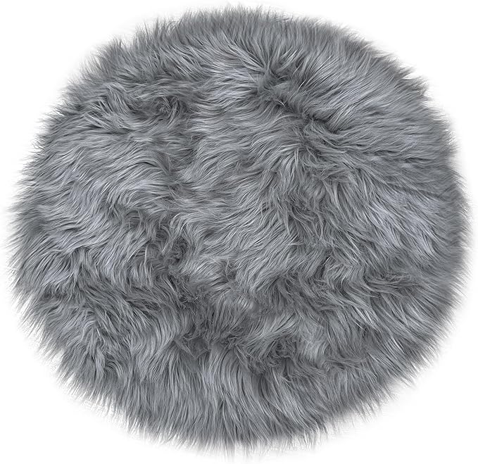 15.7 Inch Grey Mini Round Faux Fur Sheepskin Rugs Small Fluffy Circle Rug for Bedroom Dorm Living Room Shag Circular Carpet Mini Small Size for Nail Desk Sofa Couch Seat Cushion Photographing