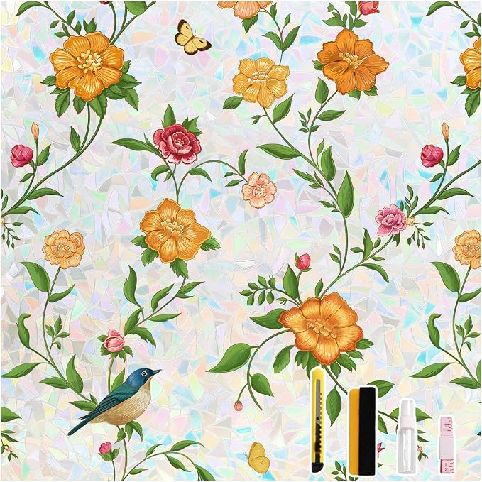 Donox Stained Glass Window Film, Floral Pattern Rainbow Light Decorative Cling, UV Block Privacy Film, Static Cling Removable No Glue for Living Room Home Office, 23.6 x 157.4 Inches