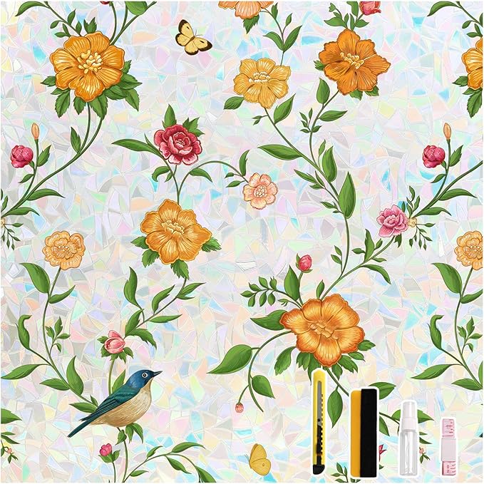 Donox Stained Glass Window Film, Floral Pattern Rainbow Light Decorative Cling, UV Block Privacy Film, Static Cling Removable No Glue for Living Room Home Office, 17.5 x 78.7 Inches