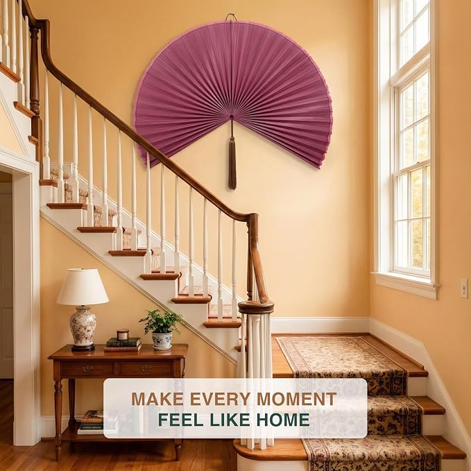 SUCHUBU Decorative Pink Wall Fan, 47" Handcrafted Asian Wall Decor, Large Japanese Art Hanging, Pastel Boho Chic Decor, Elegant Bamboo Weaving for Living Room (Pink, Large)
