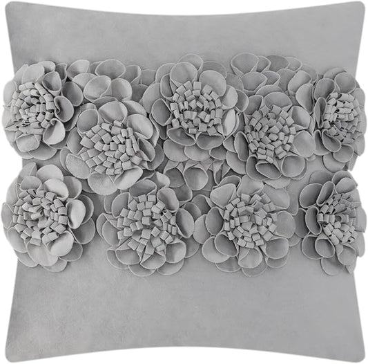 JWH Handmade 3D Flower Throw Pillow Covers Aesthetic Decorative Floral Accent Pillow Cases Stereo Velvet Pillowcase Cute Cushion for Car Bed Couch Bedroom Decor 18x18 Inch Gray