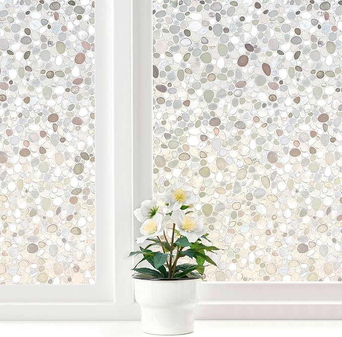 Lemon Cloud Window Privacy Film, Stained Glass Decorative Static Clings, Frosted UV Blocking Colorful Rainbow Window Stickers, Renter-Friendly Non-Adhesive Vinyl Covering, Pebble Pattern, 35.4"×157.4"