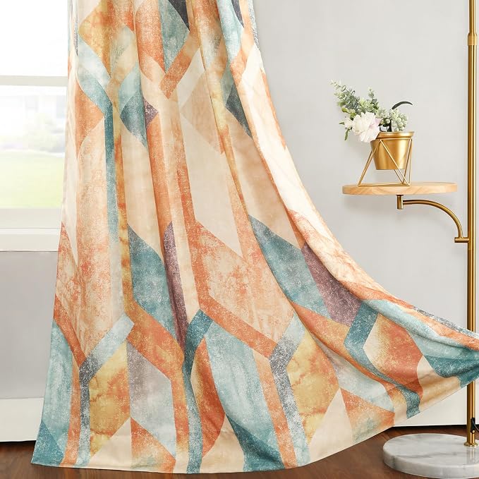 Leeva 50% Room Darkening Curtain, Extra Wide Orange Drape for Living Room 84 Inch Wide 1 Piece, Linen Textured Geometric Window Curtain for Home Office with Grommet