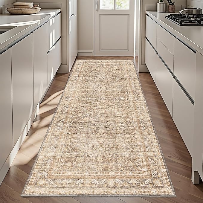 OPPODREAM Vintage Beige 3x6 Runner Rug, 3 x 6 Retro Washable Rug Non Slip, Low-Pile Faux Wool Carpet, Distressed Tan Floor Mat for Kitchen, Hallway, Entry-Way, Entrance, Indoor Back Door