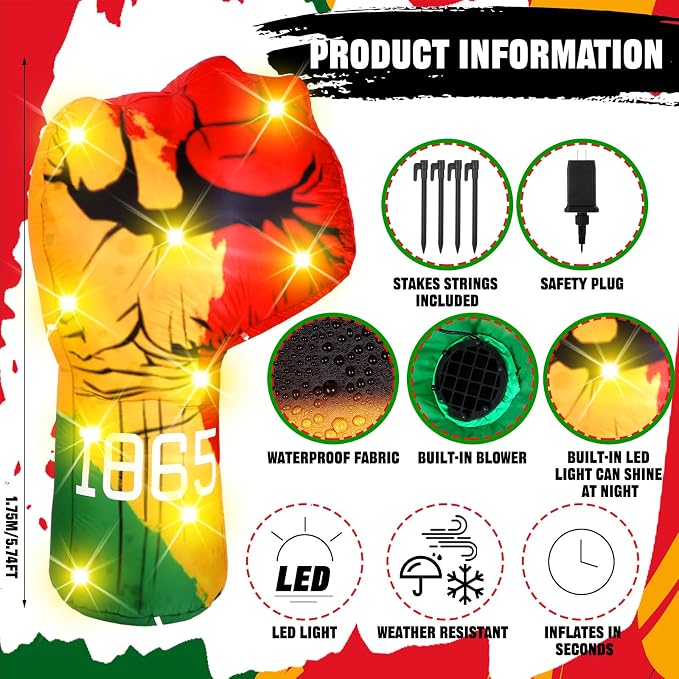VIHOSE 6 ft Juneteenth Inflatables Decorations Black Freedom Fist Shape Inflatable Large Pre-lit Blow up Fight Fist Freedom Day Blow up for Happy Juneteenth African American Party Decoration