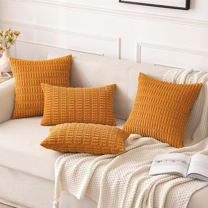 MIULEE Fall Pack of 2 Burnt Orange Corduroy Decorative Euro Sham Pillow Covers 24x24 Inch Soft Boho Striped Throw Pillow Covers Modern Farmhouse Home Decor for Sofa Living Room Couch Bed