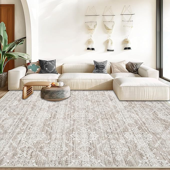 Area Rug Living Room Rugs 8x10 - Large Soft Boho Geometric Rug, Non-Slip Foldable Washable Rugs Non Shedding Morden Indoor Floor Carpet for Living Bedroom Office Dining Room(Ivory Mocha,8'x10')